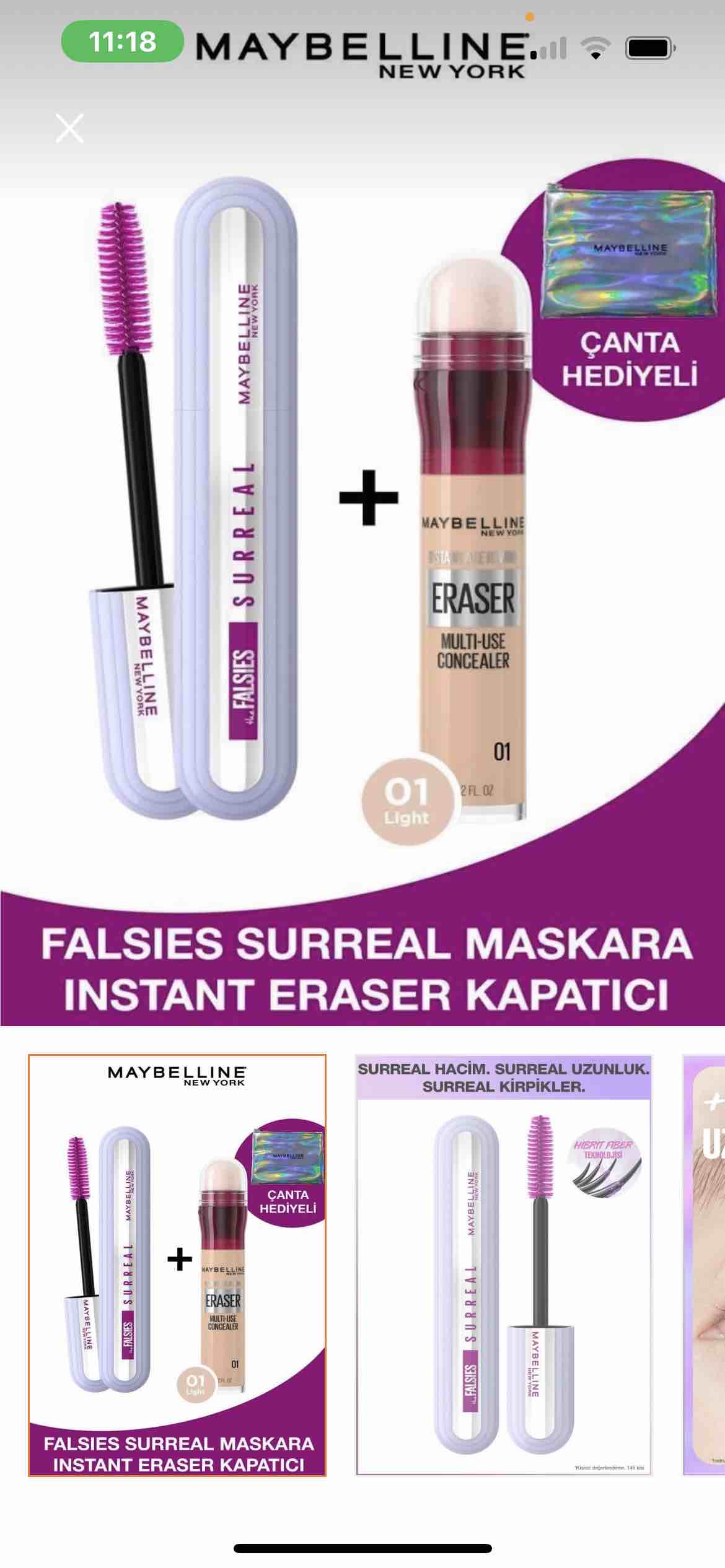 ست آرایشی میبلین نیویورک اورجینال Maybelline New York PKTFLSSRRLIAR01 Falsies Surreal Mascara & Instant Anti Age Eraser Concealer - 01 Light photo review